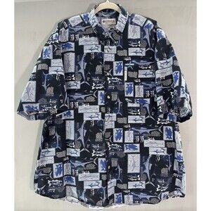 Men’s Columbia‎ Short Sleeve Deep Sea Fish Graphic Print Blue Button Up XXL